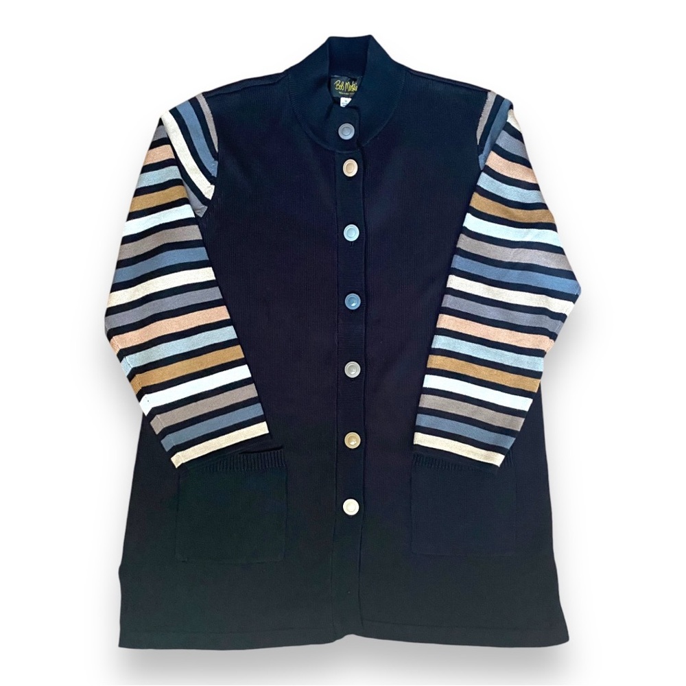 Bob Mackie Wearable Art multi color buttons striped sleeves black cardigan Sz 1X